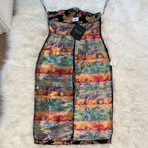 NWT Vici || Olia “Ganni Jacquard” Strapless Midi Dress ~ in Metallic Multi - Picture 14 of 16